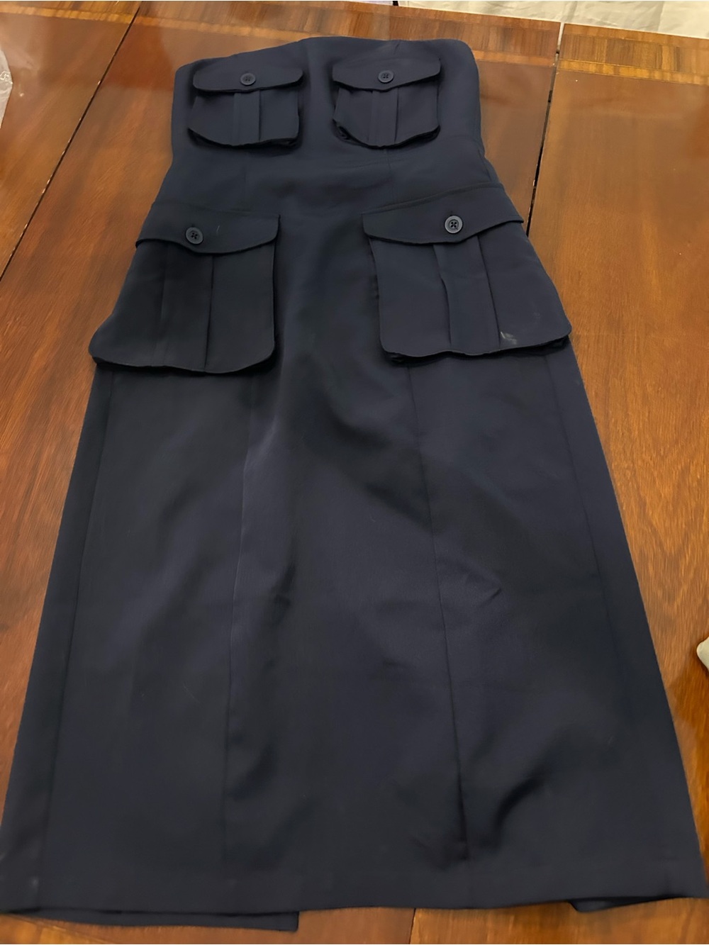 Strapless Navy Midi dress with Utility Flap Pockets
